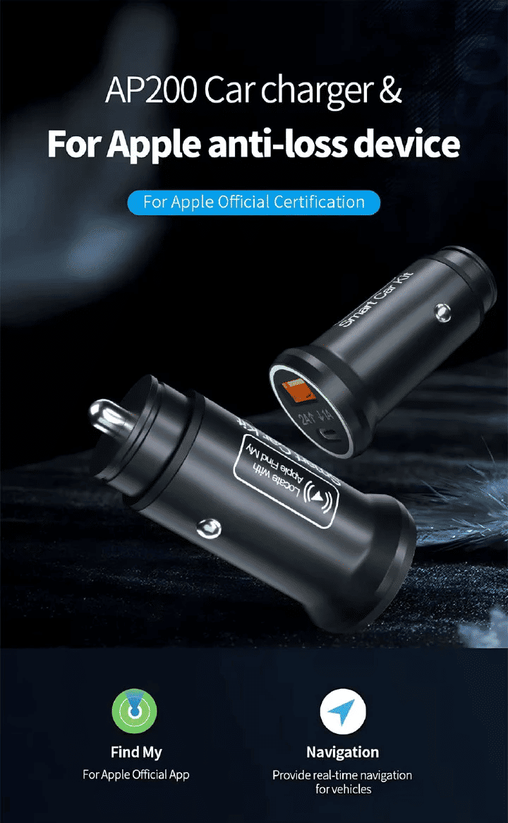 Mini Car Charger Adapter 20W GPS Tracker Works with Apple Find My MFi iOS USB Type C Cigarette Lighter Hidden Locator Smart Tracking Tool AP200