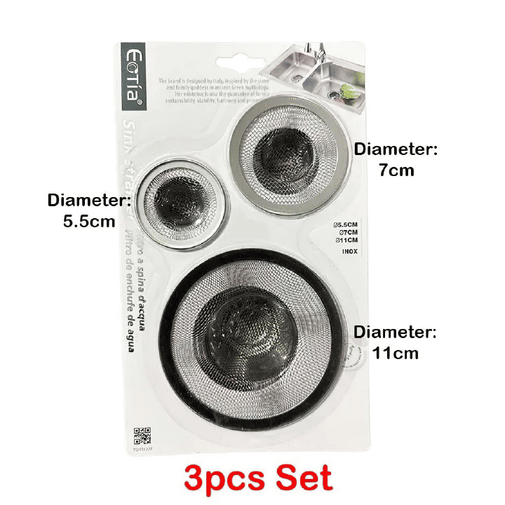 3-Piece Stainless Steel Mesh Sink Strainer Set Multi-Size 5.5cm 7cm 11cm Universal Drain for Kitchen Bathroom Tub