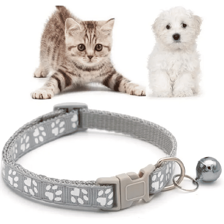 Adjustable Bell Puppy Cat Paw Print Pet Collar Gray