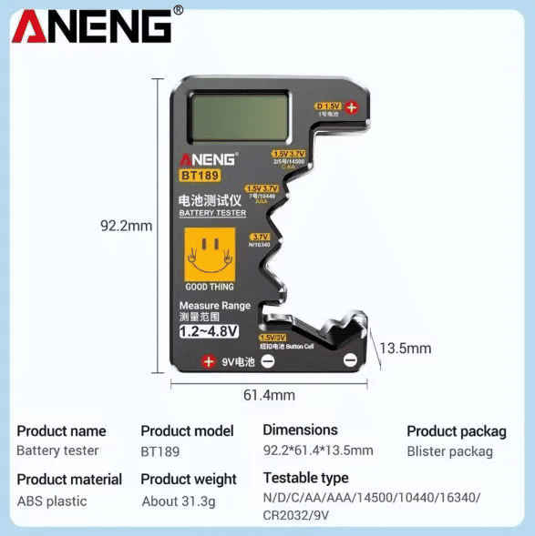 Universal Battery Tester LCD Display C D AA AAA 9V Button Cell 14500 10440 16340 CR2032 Voltage Checker