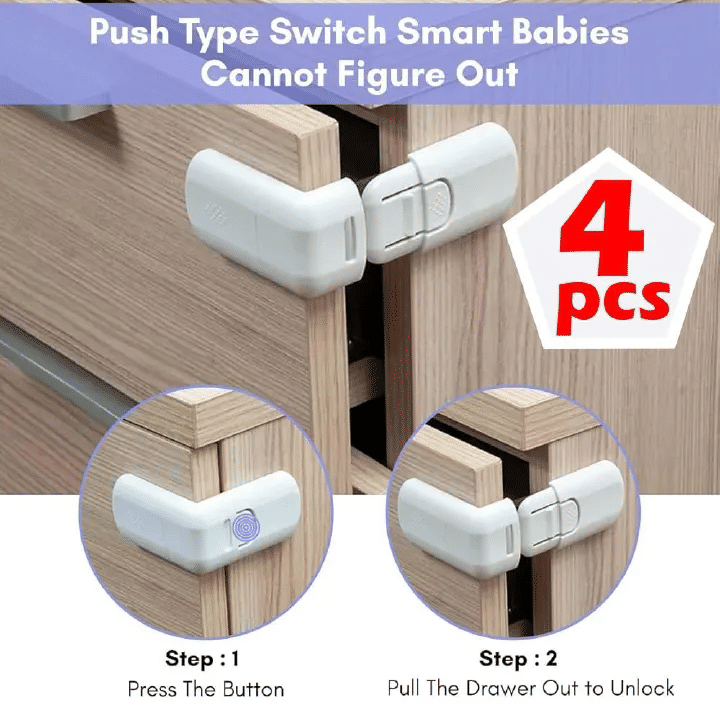 4 Pack Child Safety Cupboard Locks Baby Proof Corner Lock for Cabinet Drawer Refrigerator White