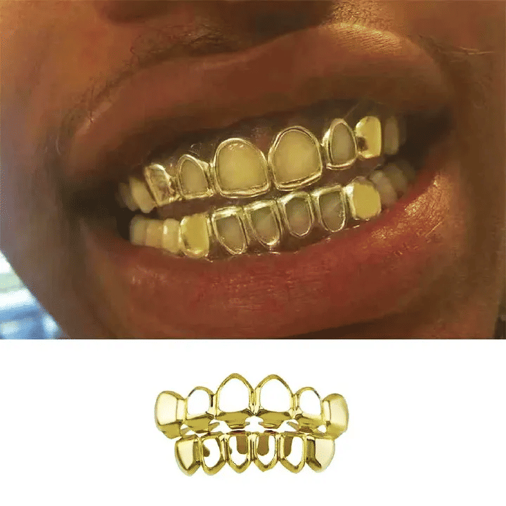 Gold Color Top & Bottom Hollow Teeth Grillz Men Women Mouth Teeth Caps Hip Hop Bling Grills Set