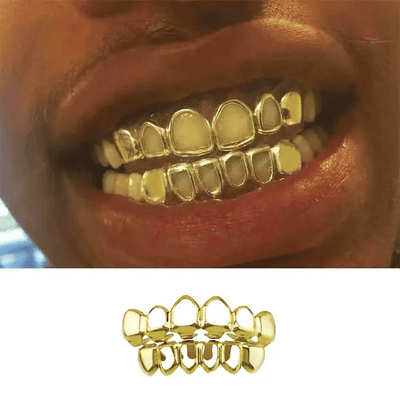 Gold Color Top & Bottom Hollow Teeth Grillz Men Women Mouth Teeth Caps Hip Hop Bling Grills Set