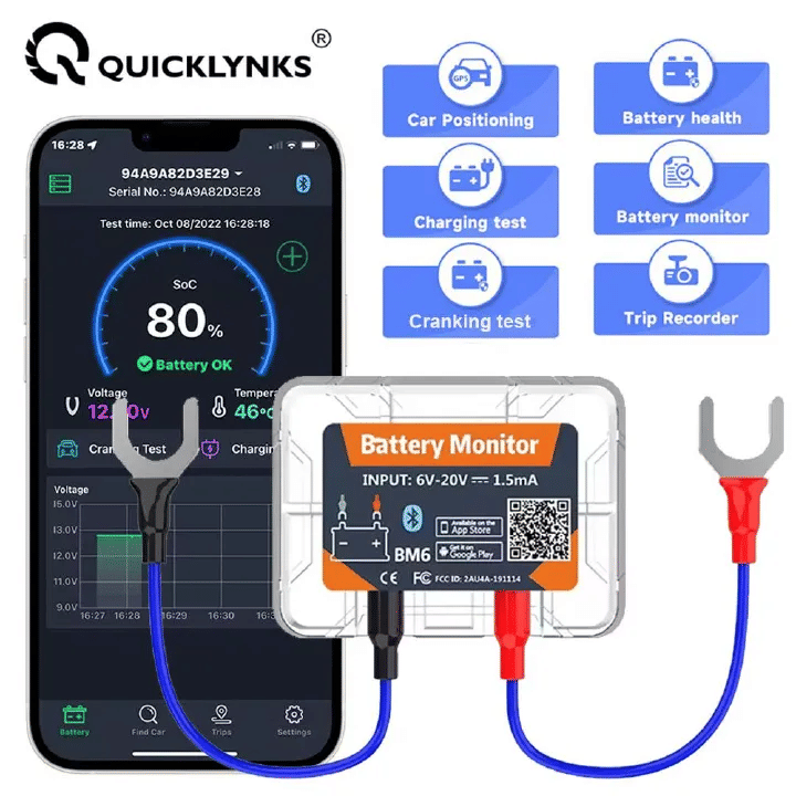 Quicklynks BM6 12V Car Battery Monitor Bluetooth Tester for Android IOS with Health Check App Charging Cranking Test Analyzer