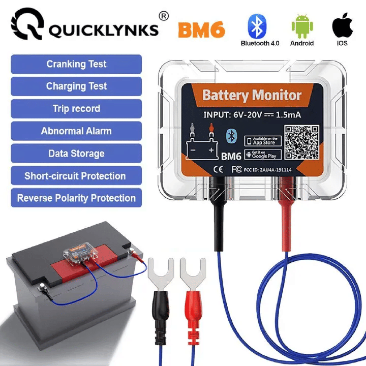 Quicklynks BM6 12V Car Battery Monitor Bluetooth Tester for Android IOS with Health Check App Charging Cranking Test Analyzer