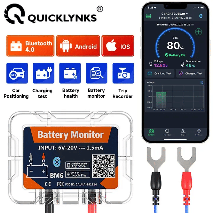 Quicklynks BM6 12V Car Battery Monitor Bluetooth Tester for Android IOS with Health Check App Charging Cranking Test Analyzer