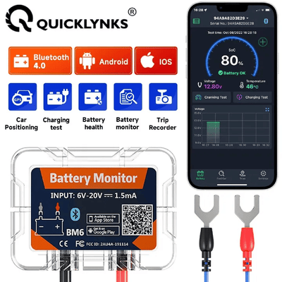 Quicklynks BM6 12V Car Battery Monitor Bluetooth Tester for Android IOS with Health Check App Charging Cranking Test Analyzer