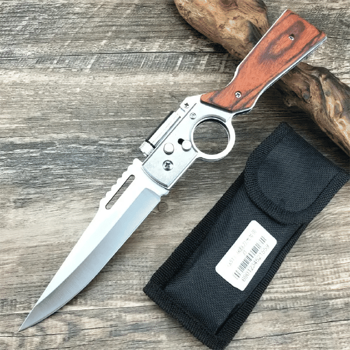 AK-47 Automatic Snap-On Open Folding Pocket Knife With LED Light Stainless Steel Blade Wooden Handle EDC Knives for Hiking Outdoor Camping Gift Nylon Sheath Pocket Clip for Men Women