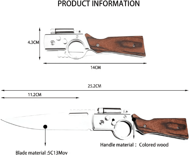 AK-47 Automatic Snap-On Open Folding Pocket Knife With LED Light Stainless Steel Blade Wooden Handle EDC Knives for Hiking Outdoor Camping Gift Nylon Sheath Pocket Clip for Men Women