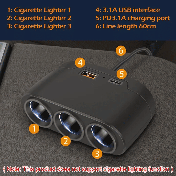 3 Way 12-24V Multi Socket Car Splitter USB Charger Adapter PD Fast Charging Cigarette Lighter For Android iPhone iPad GPS Dashcam