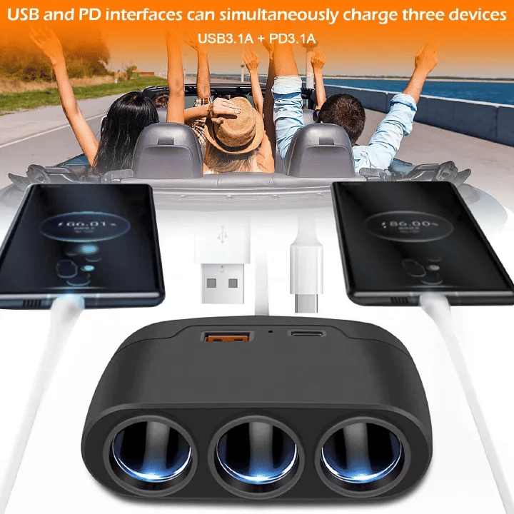 3 Way 12-24V Multi Socket Car Splitter USB Charger Adapter PD Fast Charging Cigarette Lighter For Android iPhone iPad GPS Dashcam