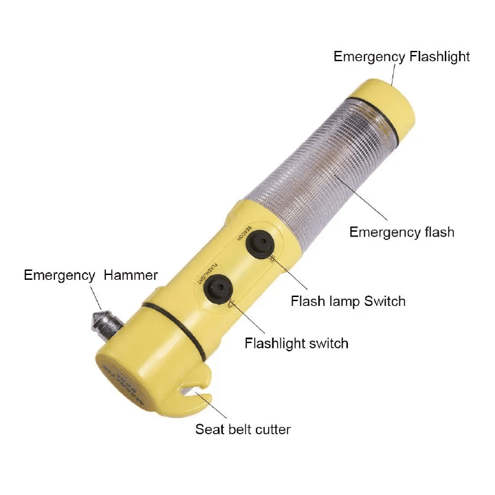4-in-1 Car Safety Escape Tool Window Breaker LED Emergency Hammer Seat Belt Cutter Flashlight Beacon