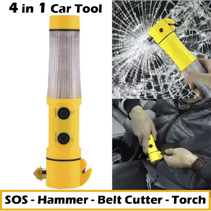 4-in-1 Car Safety Escape Tool Window Breaker LED Emergency Hammer Seat Belt Cutter Flashlight Beacon