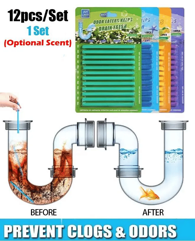12-Piece Drain Cleaner & Deodorizer Sticks for Kitchen Bathroom Sinks Toilet Clogs Odor Elimination