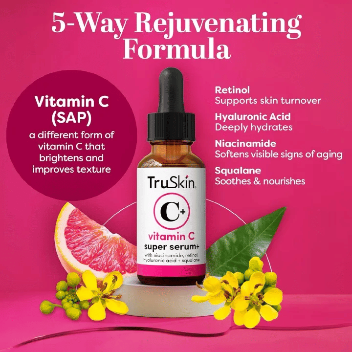 TruSkin Vitamin C Super Serum - Brightening, Firming & Smoothing Face Serum with Retinol, Niacinamide, Hyaluronic Acid & Squalane - 1 fl oz