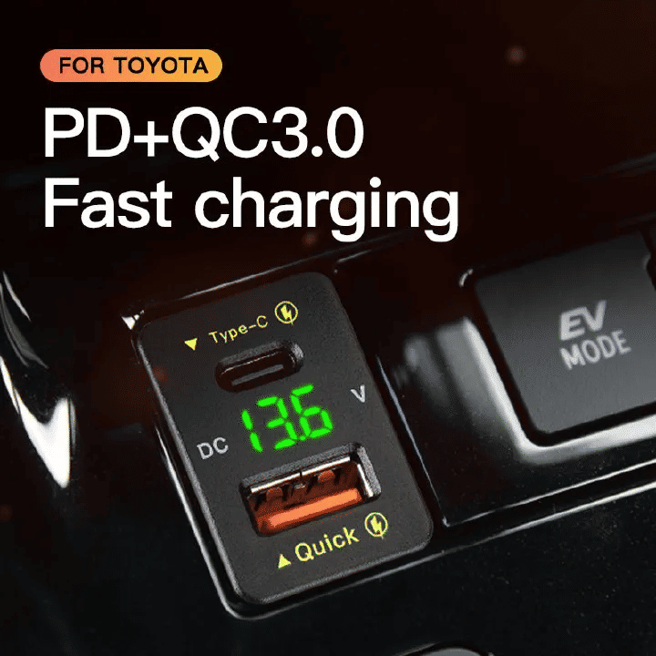 Car Charger Embedded Adapter Dual USB PD QC3.0 Fast Charge Type C Slot Power Socket LED Voltmeter for Toyota 12/24V