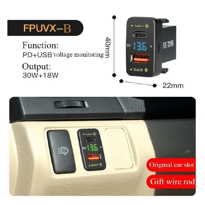 Car Charger Embedded Adapter Dual USB PD QC3.0 Fast Charge Type C Slot Power Socket LED Voltmeter for Toyota 12/24V