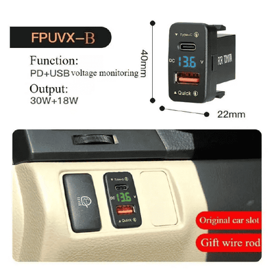 Car Charger Embedded Adapter Dual USB PD QC3.0 Fast Charge Type C Slot Power Socket LED Voltmeter for Toyota 12/24V