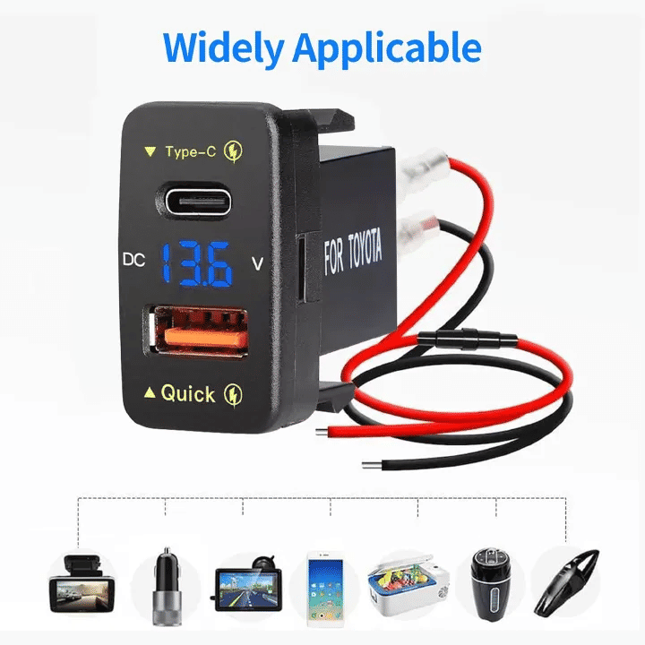 Car Charger Embedded Adapter Dual USB PD QC3.0 Fast Charge Type C Slot Power Socket LED Voltmeter for Toyota 12/24V