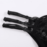 Seductive Black Lace Sequin Suspender Lingerie Set - Three-Piece Silk Nightgown