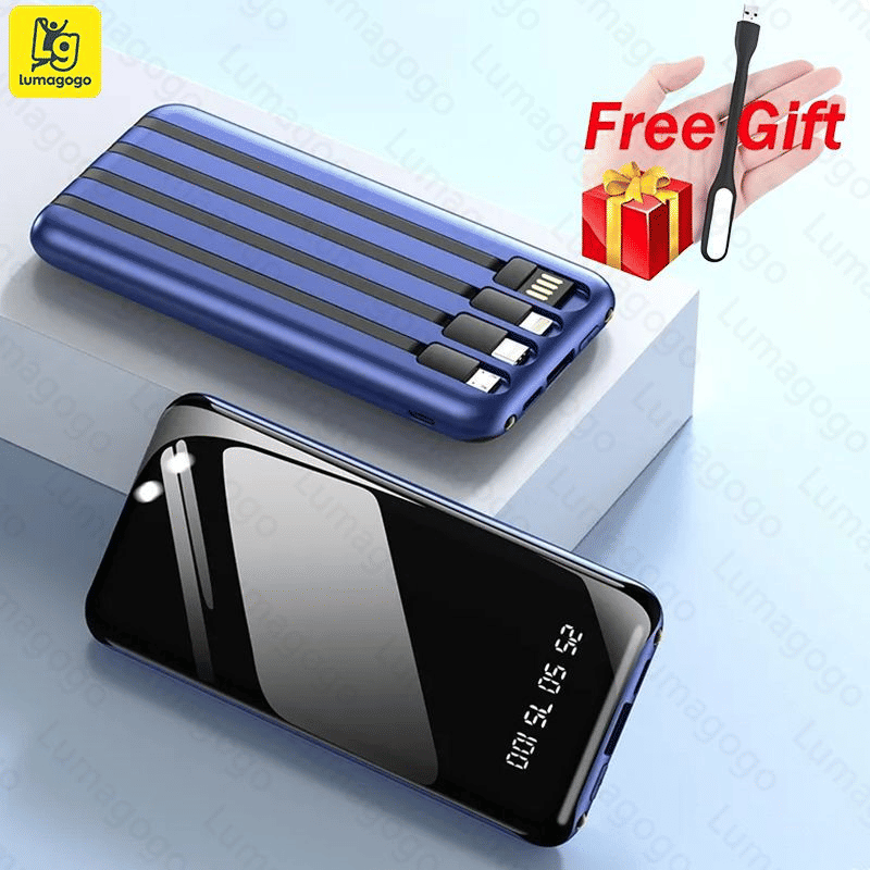 10000mAh Portable Power Bank | Built-in 4 Cables, LED Display, USB-C for All Devices