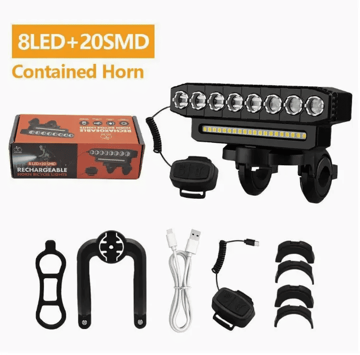 8 LED Bicycle Front Light USB Rechargeable 130dB Cycling Horn 6 Modes