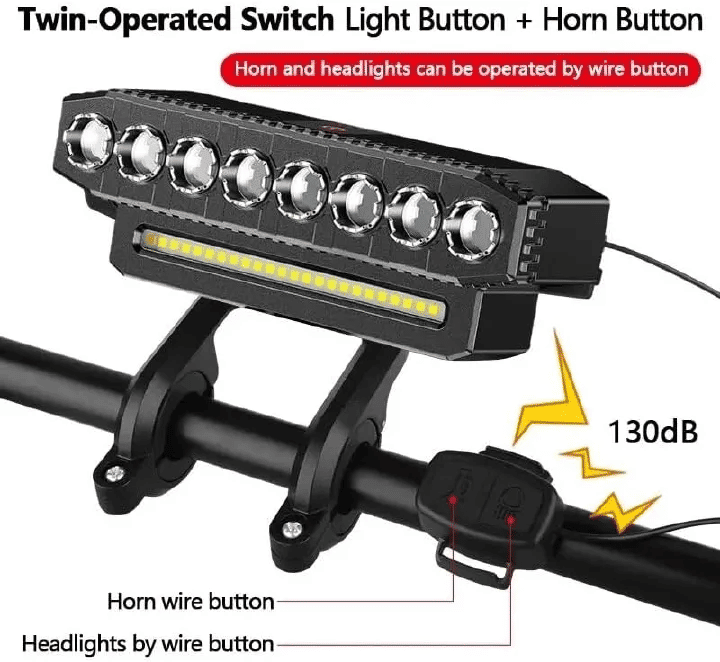 8 LED Bicycle Front Light USB Rechargeable 130dB Cycling Horn 6 Modes
