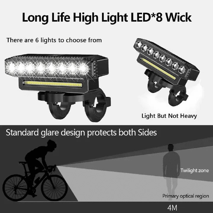 8 LED Bicycle Front Light USB Rechargeable 130dB Cycling Horn 6 Modes