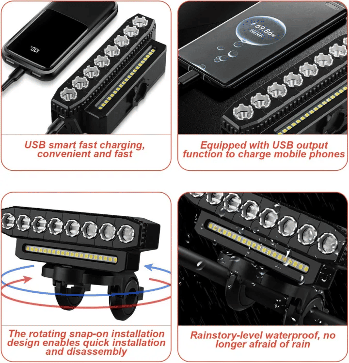 8 LED Bicycle Front Light USB Rechargeable 130dB Cycling Horn 6 Modes
