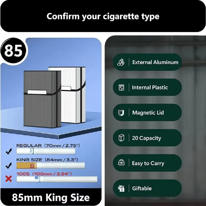 FOGSON Portable Slim Aluminum Cigarette Case Regular King Size Plastic Cigar Tobacco Holder Box Storage Container Smoking Accessories Black