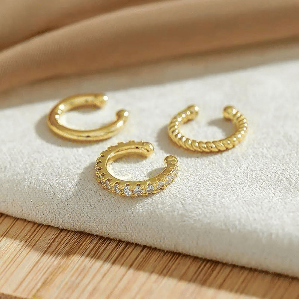 3-Piece Gold C-Shaped Diamond Inlay Ear Cuff Set - No Piercing, Trendy