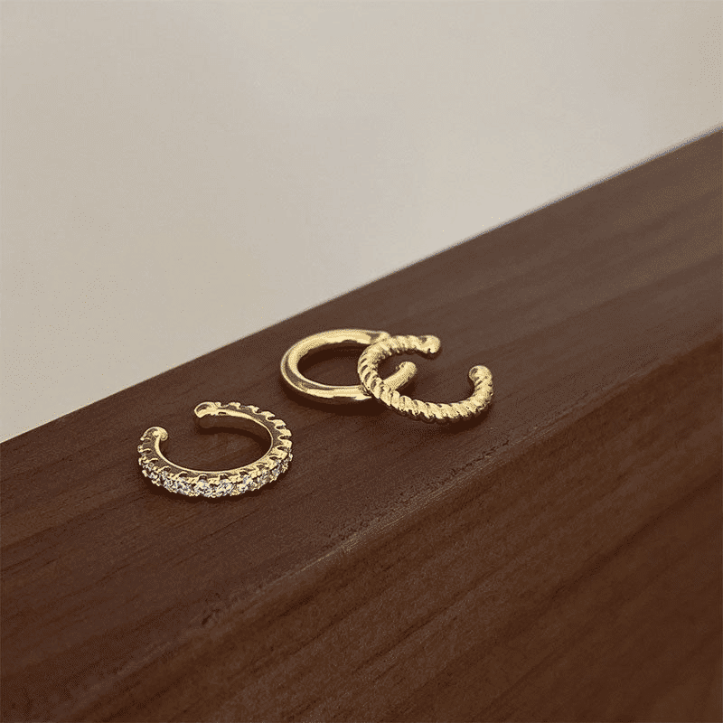 3-Piece Gold C-Shaped Diamond Inlay Ear Cuff Set - No Piercing, Trendy