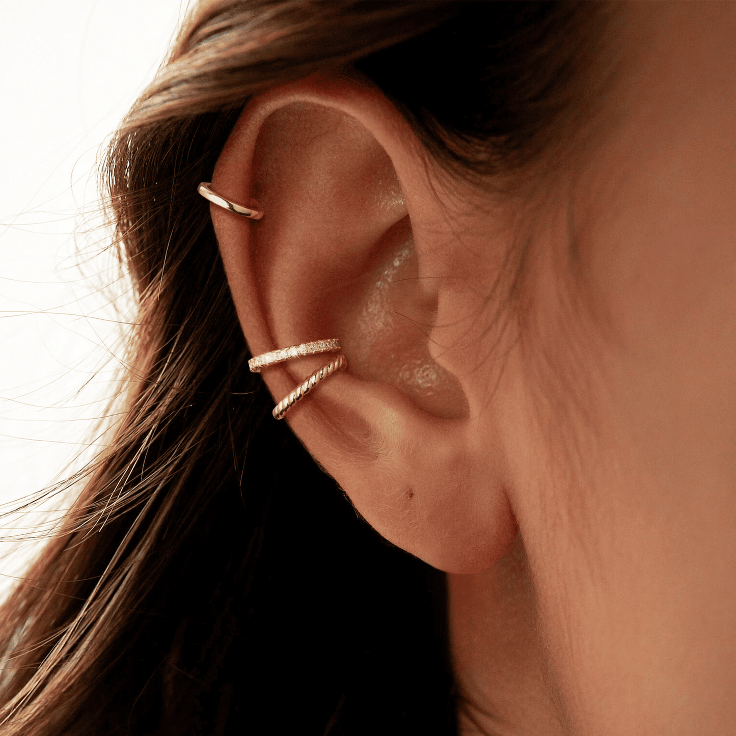 3-Piece Gold C-Shaped Diamond Inlay Ear Cuff Set - No Piercing, Trendy