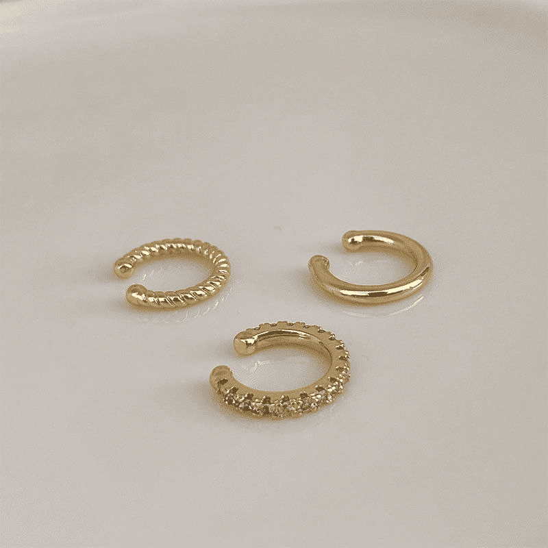 3-Piece Gold C-Shaped Diamond Inlay Ear Cuff Set - No Piercing, Trendy