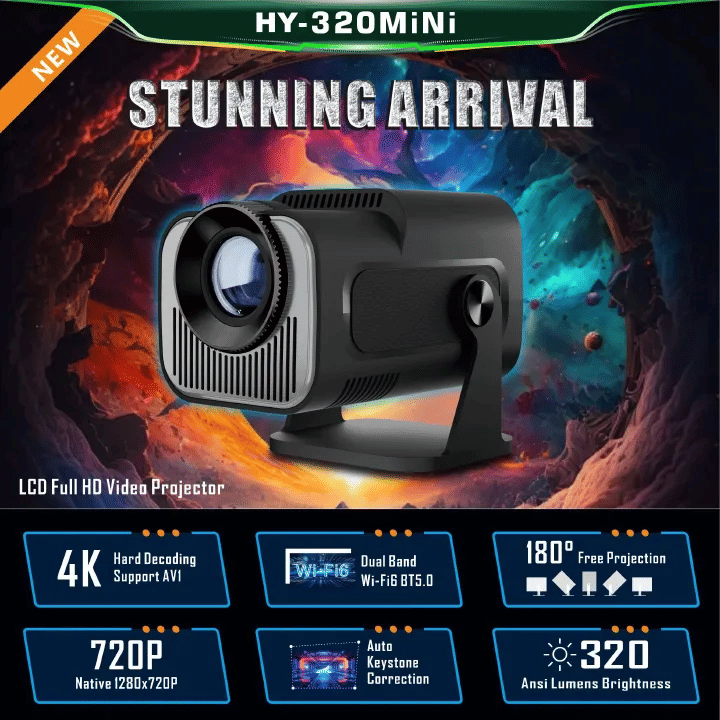 JAVAID HY-320Mini Native 720P Portable Projector 320ANSI WiFi 6 BT 5.0 Android 11