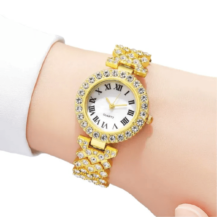 Women's Roman Diamond Inlaid Quartz Watch 5-Piece Set Metal Bracelet