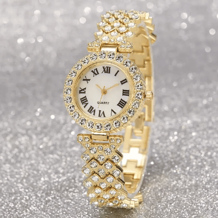 Women's Roman Diamond Inlaid Quartz Watch 5-Piece Set Metal Bracelet