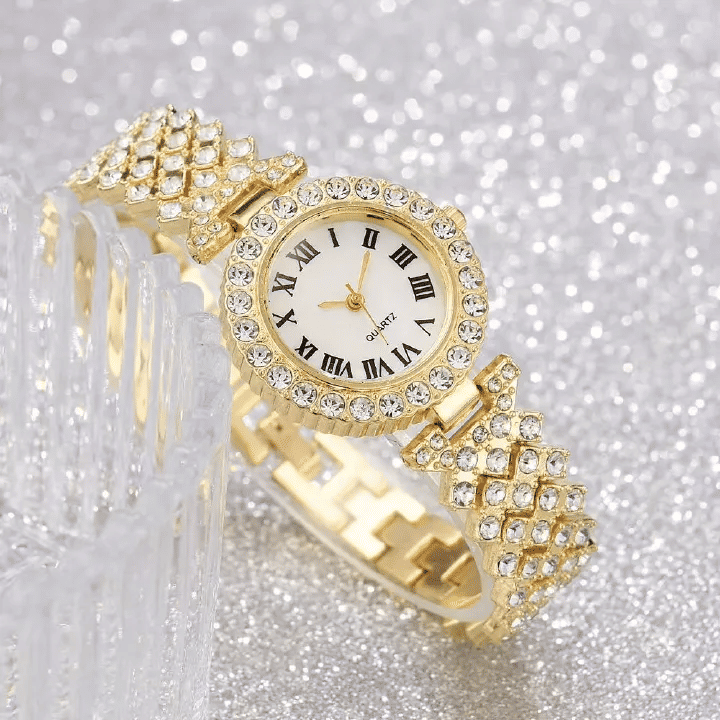Women's Roman Diamond Inlaid Quartz Watch 5-Piece Set Metal Bracelet