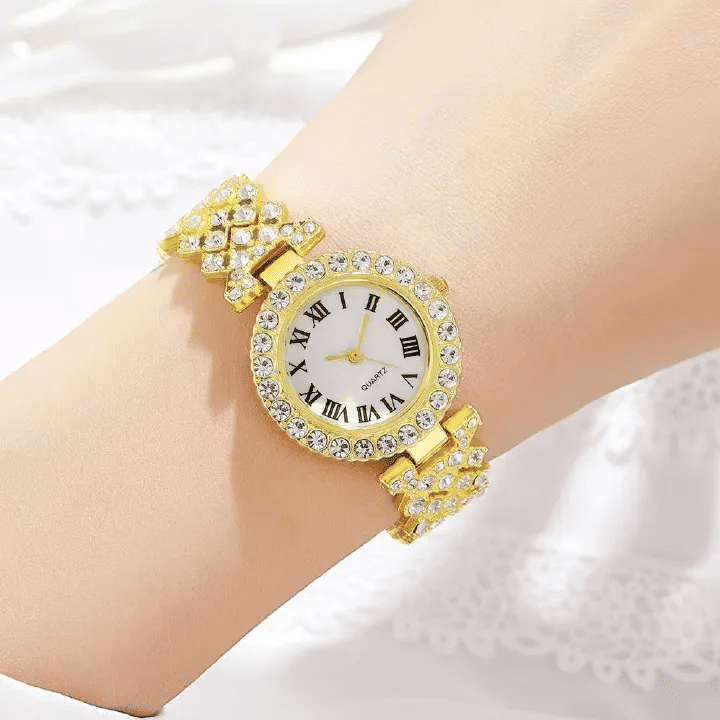 Women's Roman Diamond Inlaid Quartz Watch 5-Piece Set Metal Bracelet