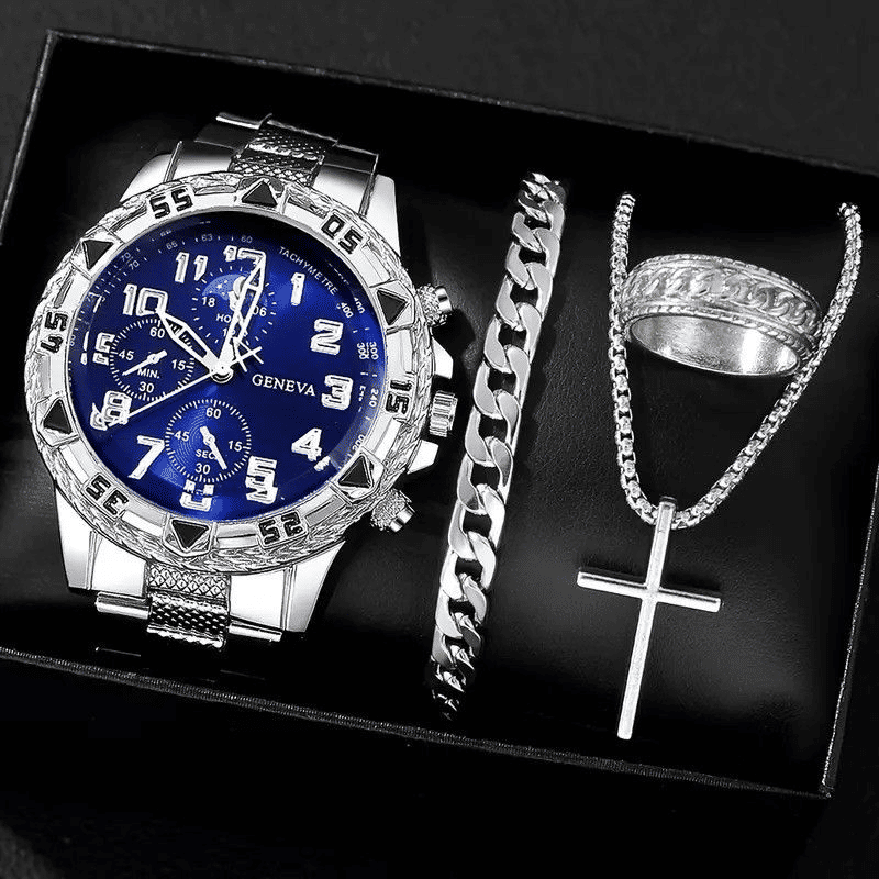 Men's 4-Piece Fashion Quartz Business Watch and Matching Jewelry Set