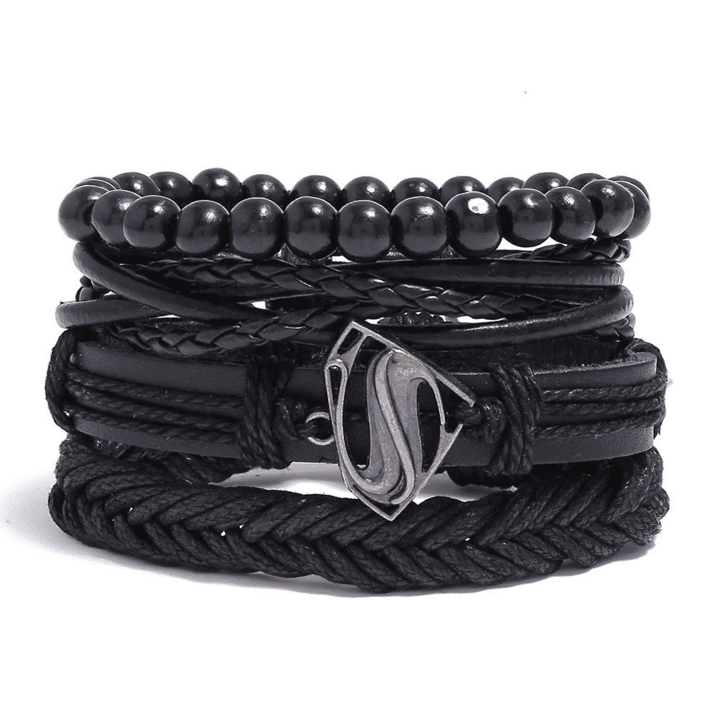 Men's 4-Piece Vintage Braided Leather Bracelet Set - Life Tree Rudder Charm Wood Beads