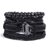Men's 4-Piece Vintage Braided Leather Bracelet Set - Life Tree Rudder Charm Wood Beads