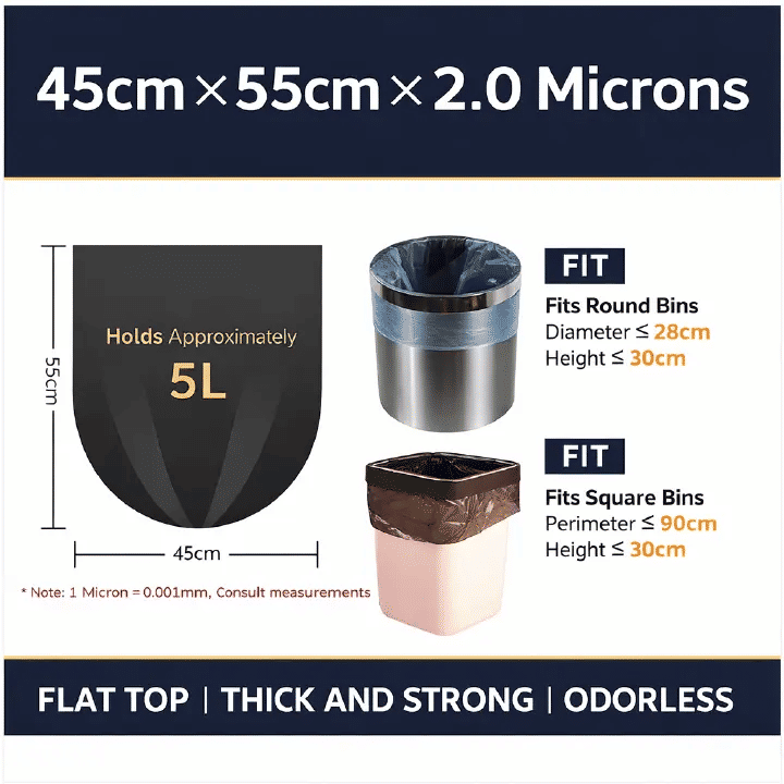 Heavy Duty Black Trash Bags 45x55cm 2.0 Micron Leakproof Tear Resistant Odorless 5g