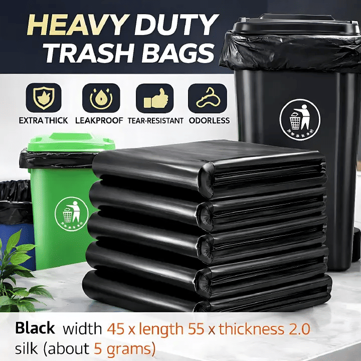 Heavy Duty Black Trash Bags 45x55cm 2.0 Micron Leakproof Tear Resistant Odorless 5g