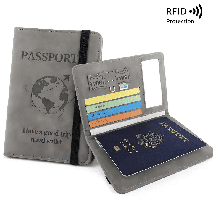 PU Leather RFID Blocking Passport Holder Travel Wallet Document Organizer Ultra-Thin Cover with Secure Strap Anti-Magnetic for Tickets Cards IDs