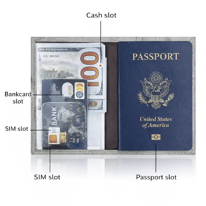 PU Leather RFID Blocking Passport Holder Travel Wallet Document Organizer Ultra-Thin Cover with Secure Strap Anti-Magnetic for Tickets Cards IDs