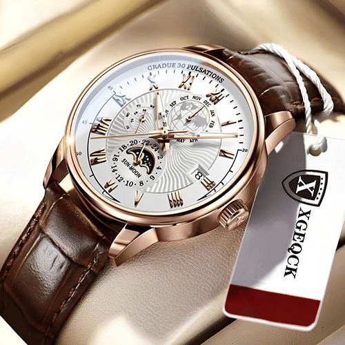 Men's Luxury Luminous Quartz Sport Watch Moon Phase Leather Strap