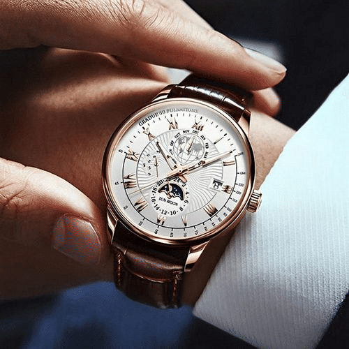Men's Luxury Luminous Quartz Sport Watch Moon Phase Leather Strap
