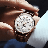 Men's Luxury Luminous Quartz Sport Watch Moon Phase Leather Strap