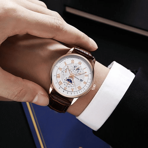 Men's Luxury Luminous Quartz Sport Watch Moon Phase Leather Strap